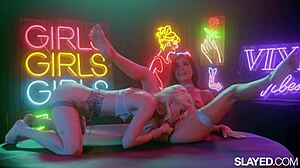 Emily and Charlotte indulge in a steamy lesbian session, lapping each other's hairy pussies while squirting in lingerie