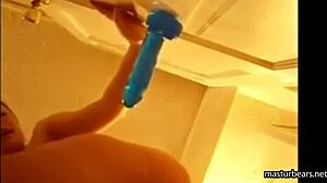 alexis 19 was fucking that blue dildo mounted on the door and squirted all over the place