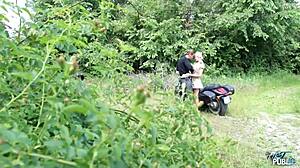 blonde teen gets cum on big tits during outdoor banging