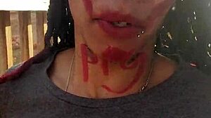 Ebony femdom desperately holds pee outdoors. STUFFS ICE in tight hole and GAGS with socks.