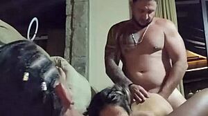 Watch this teen get eaten while sucking the wife!