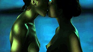 Two brunettes in costumes fuck pussy and tits in water