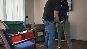 Fucking my neighbor's wife in standing missionary while he's in the bathroom. Can't believe this rush!