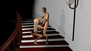 Blond girl in virtual reality animation getting silly