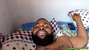 Watch this couple give a homemade handjob massage to his big black cock