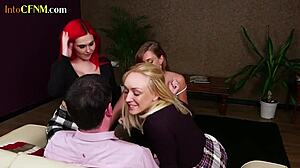 cfnm hj milfs in group femdom tugging session for lucky guy