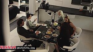 Intense sex in the kitchen with brunette milf