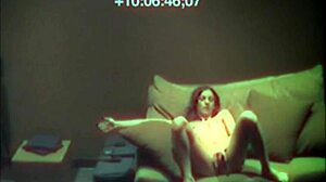 Hot babe fingers tight pussy on sofa