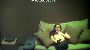 Hot babe fingers tight pussy on sofa