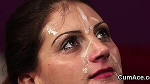 this peculiar hottie is getting a huge jizz load on her face while sucking all the sperm 😏