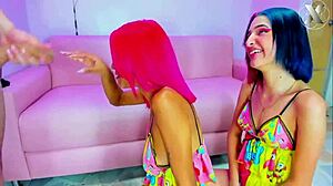 girls with colorful hair give deep blowjobs in group webcam session
