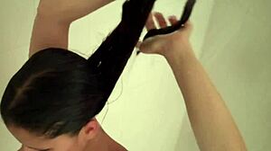 Diamond the latina pornstar masturbates her big tits nude in the wet shower