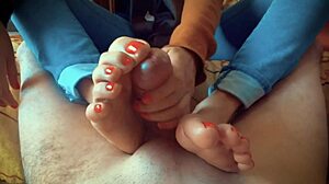 Sexy MILF Neighbor Overwhelmed with Emotion Presents Magnificent Homemade Footjob Fetish Experience