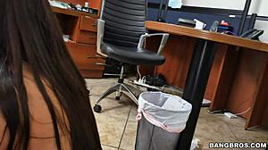 petite brunette sucks cock in office interview 😏