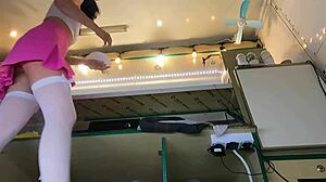 I love the way this sexy virgin spreads her legs while serving customers