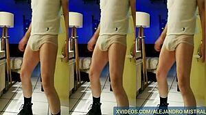 Bold gay nylon underwear action with Alejandro Mistral's semi-erect cock