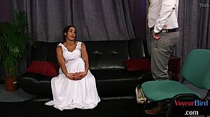 Hey, watch this curvy British babe in stockings tease a voyeur wanker!