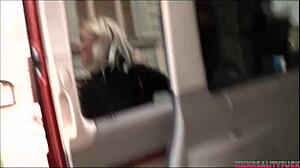 Blonde babe Cassie bangs horny guy in public bus