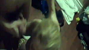 Milf amateurs perform double deepthroat blowjob.