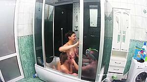 Intense hardcore group action in hostel community bath