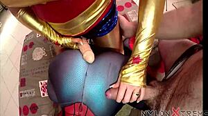Threesome COSPLAY with SPIDER GIRL and WONDER WOMAN using STRAPON