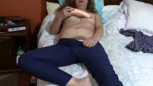 wife masturbates with huge dildo, gets cumshot in hairy pussy.