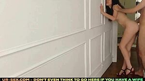 the hot brunette gets fucked hard while standing up in the kitchen