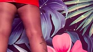 tease in pantyhose and latex dress with nylon leggings