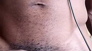 Stroking big black cock intensely until cum shoots onto the floor