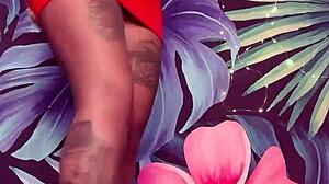 tease in pantyhose and latex dress with nylon leggings