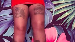 tease in pantyhose and latex dress with nylon leggings