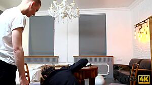 Tutor4k mature woman with short hair gives oral to young man for sex.