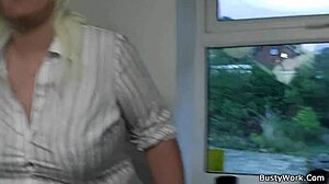 Busty blonde chick with big natural tits fucked at work by coworker