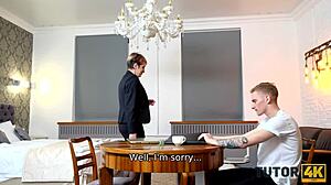 Tutor4k mature woman with short hair gives oral to young man for sex.