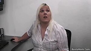 Busty blonde chick with big natural tits fucked at work by coworker