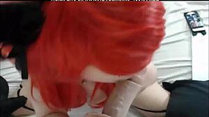 Gorgeous redhead teen sucks mounted dildo pov!