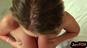 bosomy pov babe performs boobjob and blowjob in close-up view