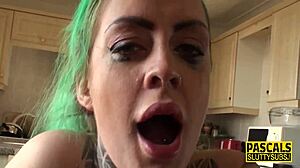 watch the blindfolded tattooed sub get her throat fucked in hardcore bondage