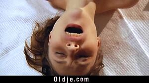 an older man takes a young 18+ babe in the bedroom, fucking her pussy hard in doggystyle before bending her over for a deep blowjob and facial cumshot