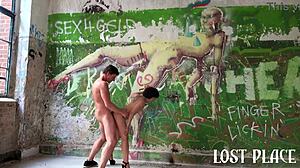 Intense deep blowjob under rain, then fucking in abandoned house with friend