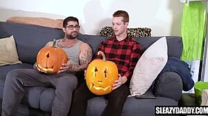 Stepdad and stepson fuck pumpkins on halloween