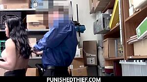 Chubby thief Monica Sage forced to deepthroat huge cock for stealing in shop