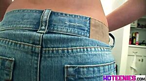 Brooksskye rubs her pussy through jeans then strips to show tits!