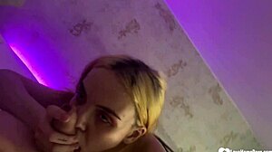 blonde hairdresser in bedroom sucking big cock