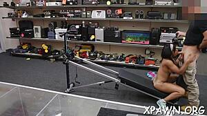 Gal experiences intense orgasm during hardcore sex in shop