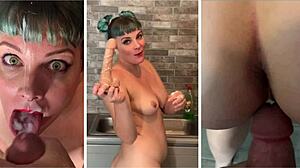 Surprise fuck over kitchen sink ends with big cum facial