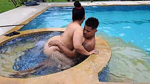 Girlfriend's Mom Semi-Naked in Pool, Rides Cock Hard.