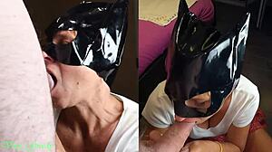 milf with catwoman mask sucks husband, gets huge facial then licks cum