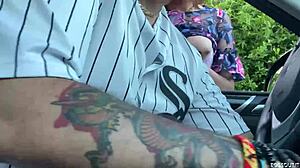 jerking off in the car while strangers watch the milf handjob action