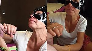 milf with catwoman mask sucks husband, gets huge facial then licks cum